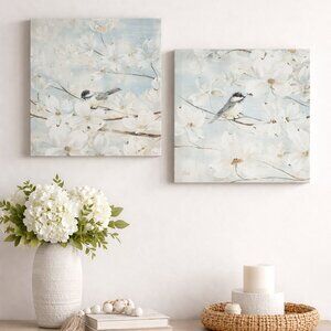 OMG Cuteness! Canvas Art Birds & Blossoms Robin's Egg Blue White Florals SIGNED